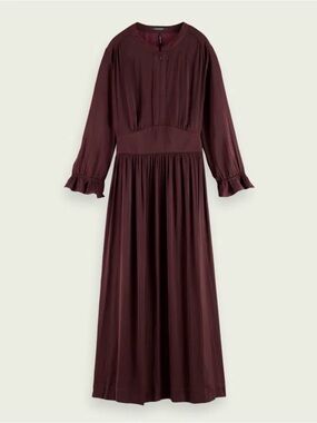 Scotch & Soda Burgundy Satin Midi Dress Small Long Sleeve Fitted Waist Elegant
